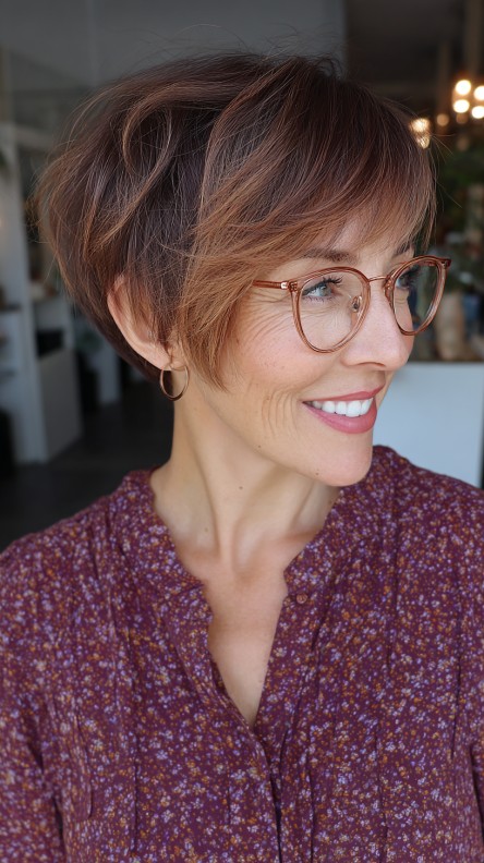 Chic Textured Wedge Bob with Subtle Copper Tones