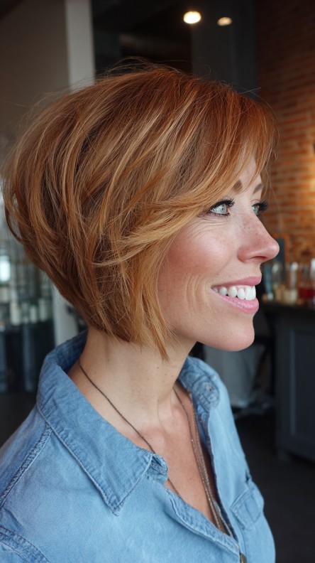 Chic Textured Wedge Bob with Warm Copper Highlights