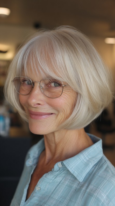 Elegant Silver Jaw-Length Bob with Soft Curtain Bangs