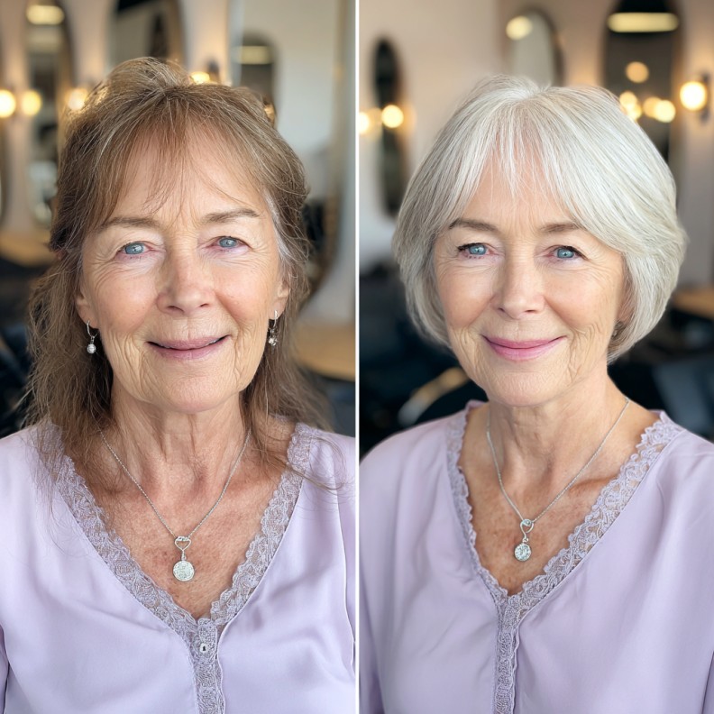 Light Silver Jaw-Length Bob with Soft Curtain Bangs