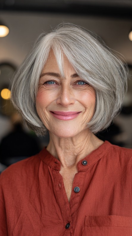 Radiant Silver Jaw-Length Bob with Soft Curtain Bangs