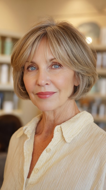 Softly Textured Jaw-Length Bob with Subtle Curtain Bangs