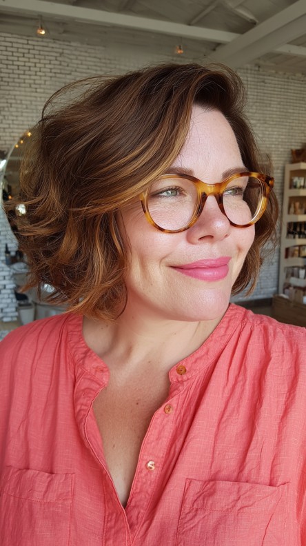 Stylish Curly Wedge Bob with Warm Highlights