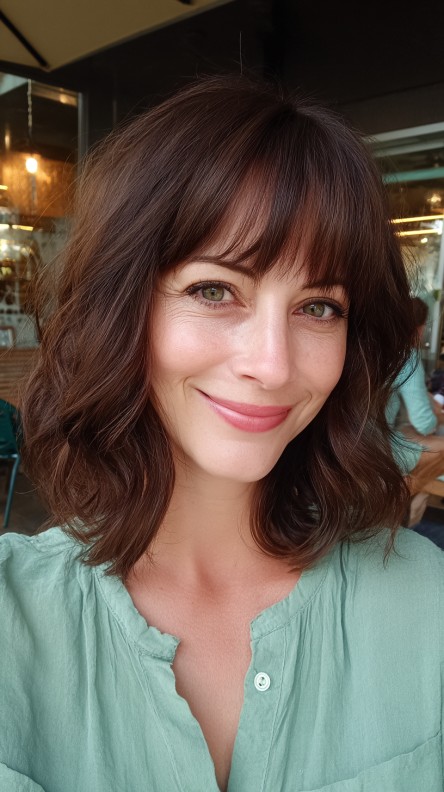 Effortlessly Chic Wavy Lob with Soft Bangs