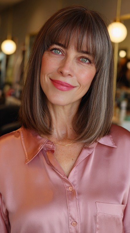 Polished Shoulder-Length Lob with Blunt Bangs