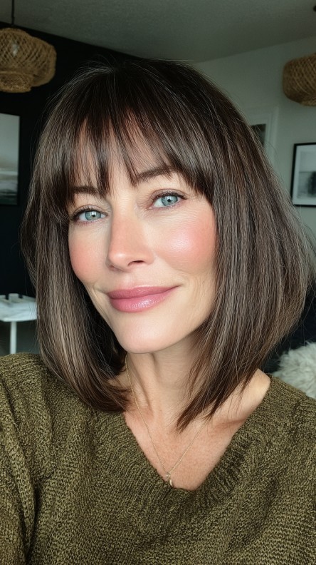 Sleek Chocolate Lob with Blunt Bangs