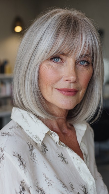 Stylish Silver Lob with Blunt Bangs