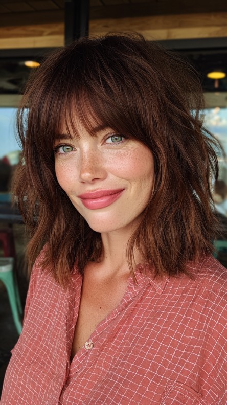 Textured Auburn Lob with Bold Bangs