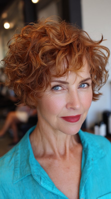 Textured Curly Ear-Length Cut with Warm Copper Tones