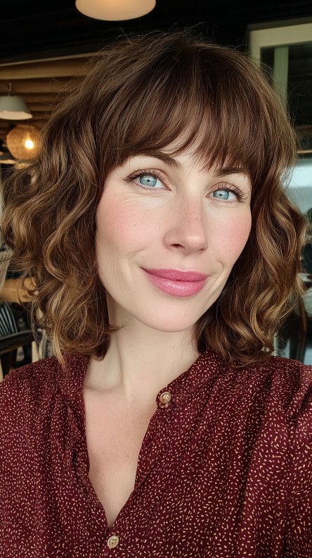 Textured Shoulder-Length Lob with Soft Curly Bangs