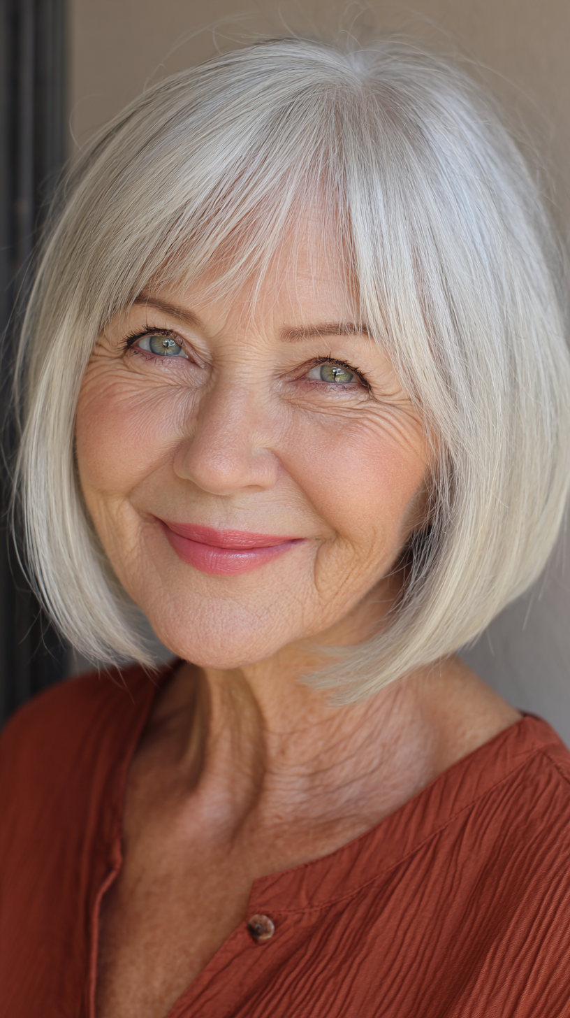 Charming Silver Bob with Subtle Feathered Bangs