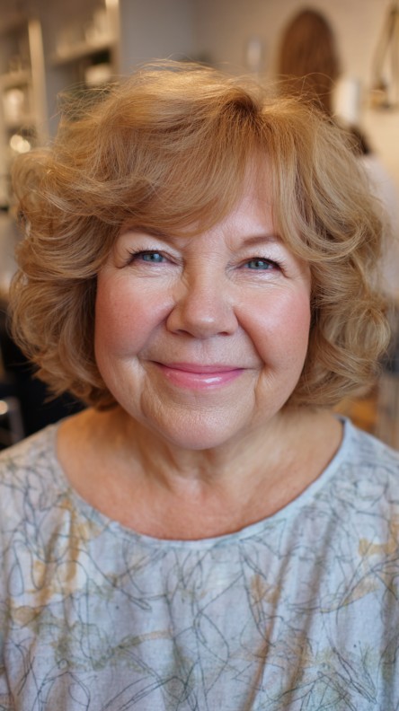 Curly Textured Jaw-Length Bob with Soft Curtain Bangs