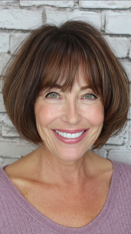 Elegant Layered Jaw-Length Bob with Full Curtain Bangs