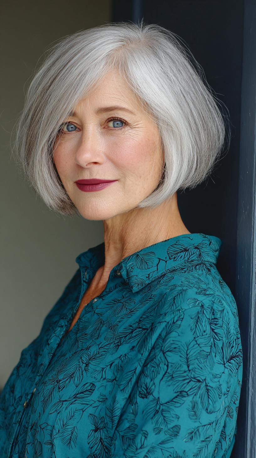 Elegant Silver Bob with Subtle Forward Layers