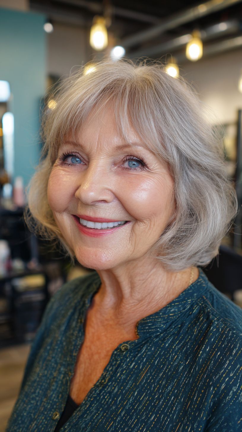 Soft Layered Silver Bob with Gentle Bangs