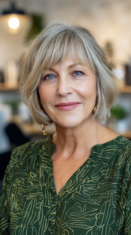 Soft Textured Jaw-Length Bob with Flirty Curtain Bangs