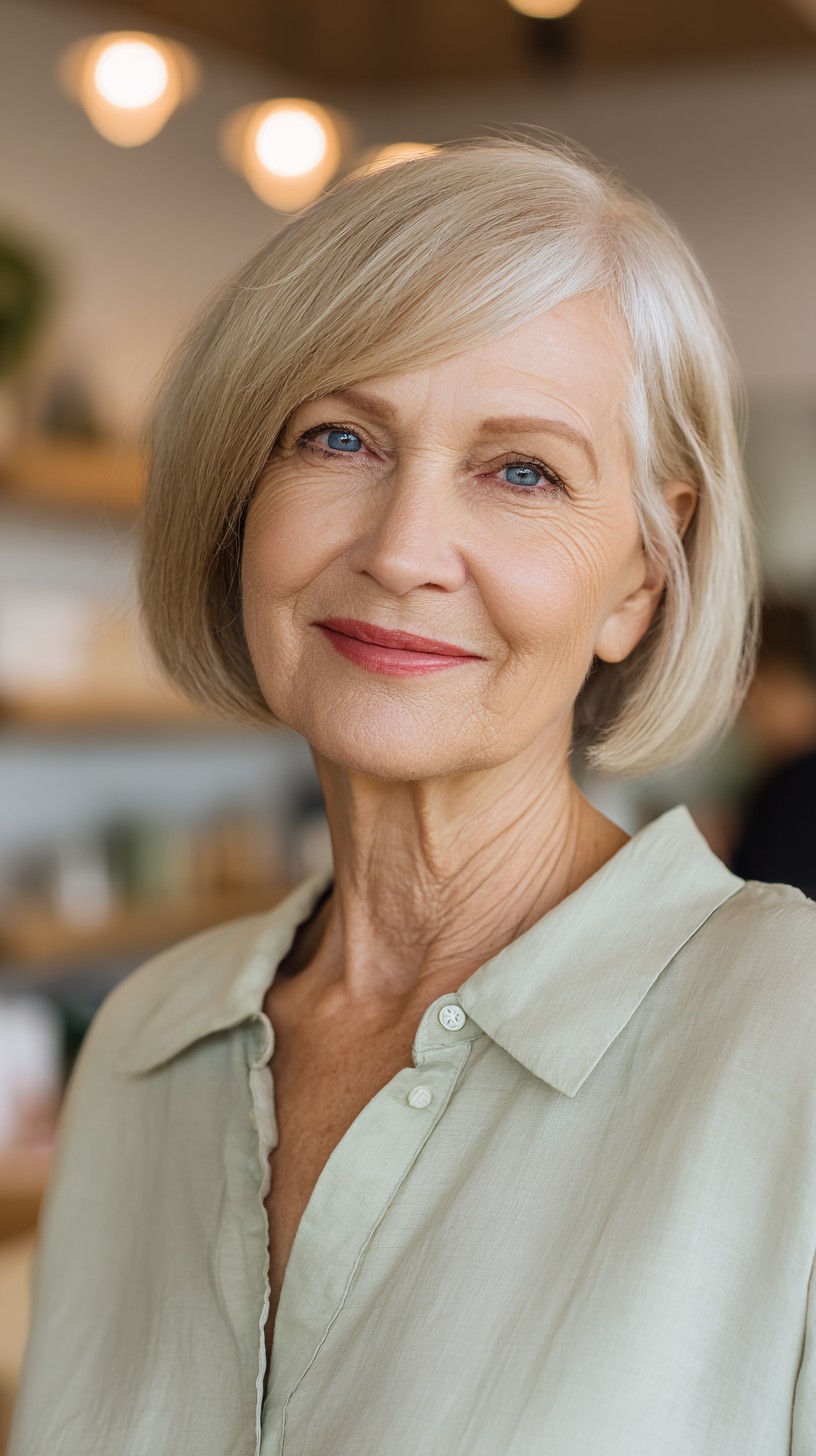 softly textured blunt bob with side swept bangs