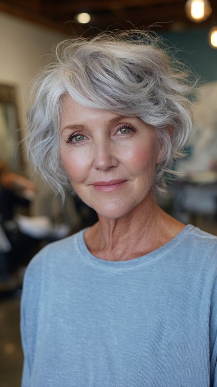 Textured Silver Layered Bob with Soft Waves
