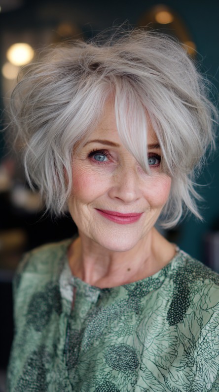 Textured Silver Pixie Bob with Face-Framing Layers