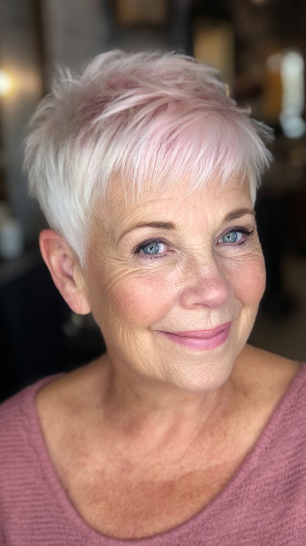Charming Textured Mini Pixie Cut with Light Pink Highlights
