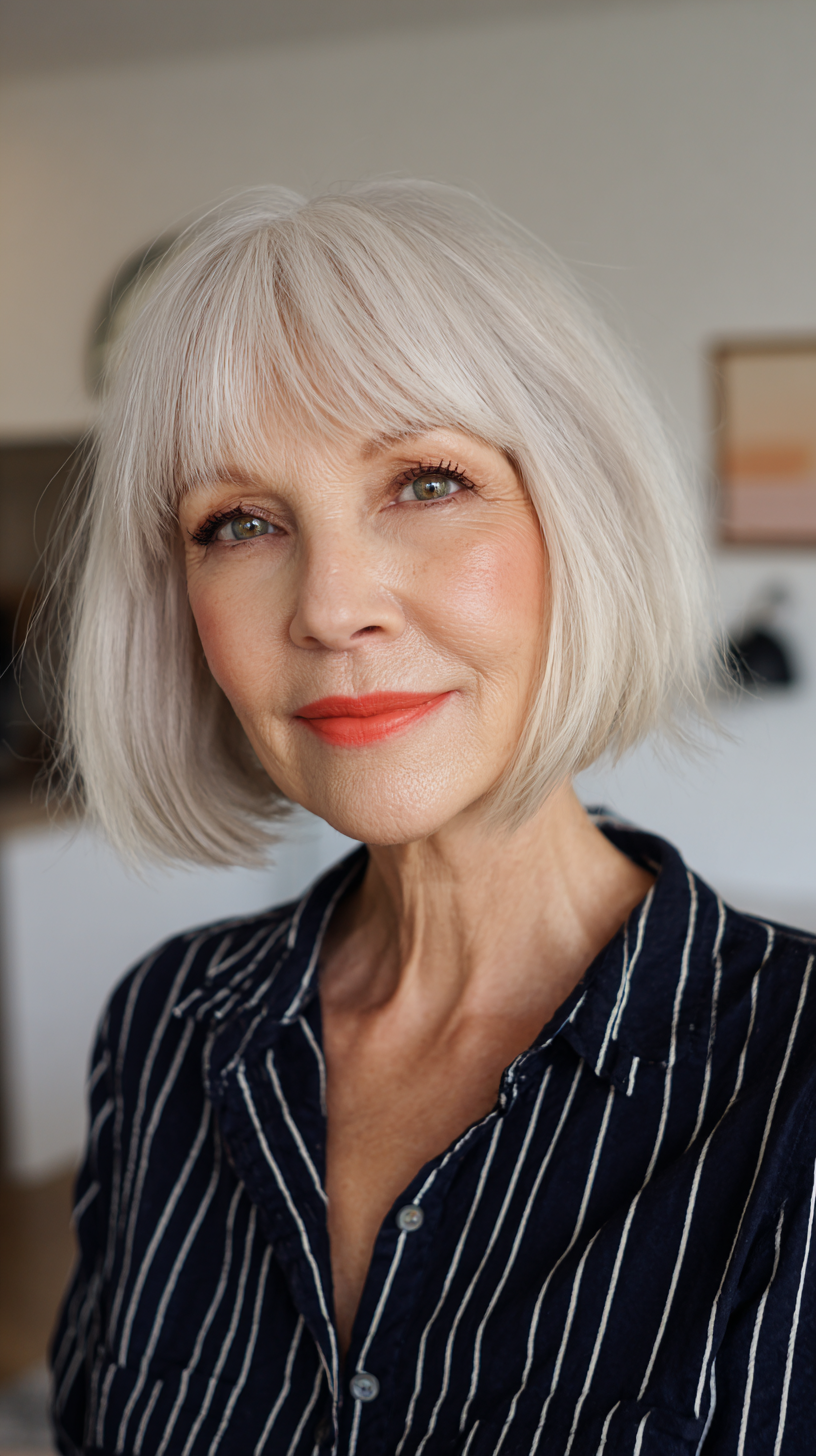 Chic Silver Blunt Bob with Soft Bangs