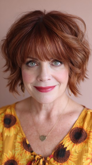 Chic Textured Copper Shaggy Bob with Soft Bangs