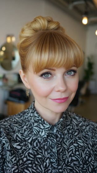 Classic High Bun with Soft Bangs