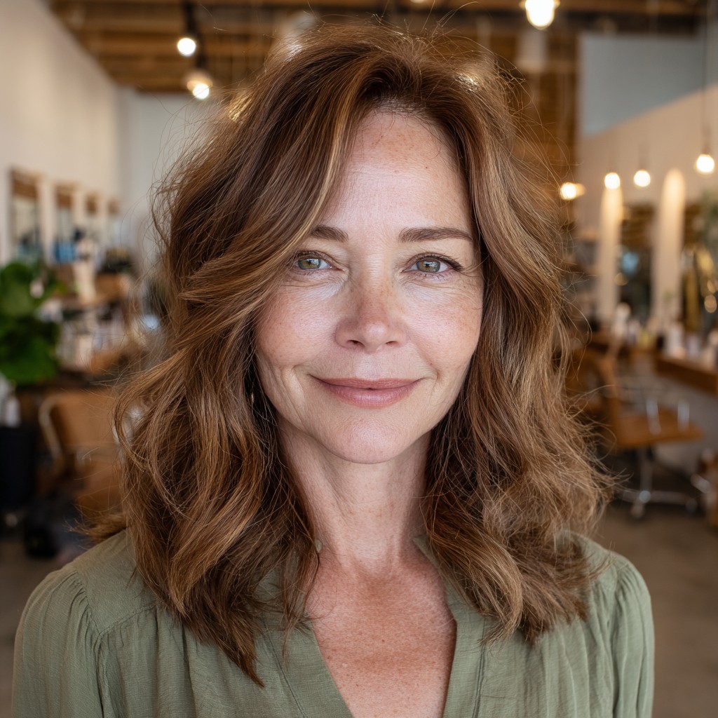Effortless Medium-Length Layers with Light Brown Highlights