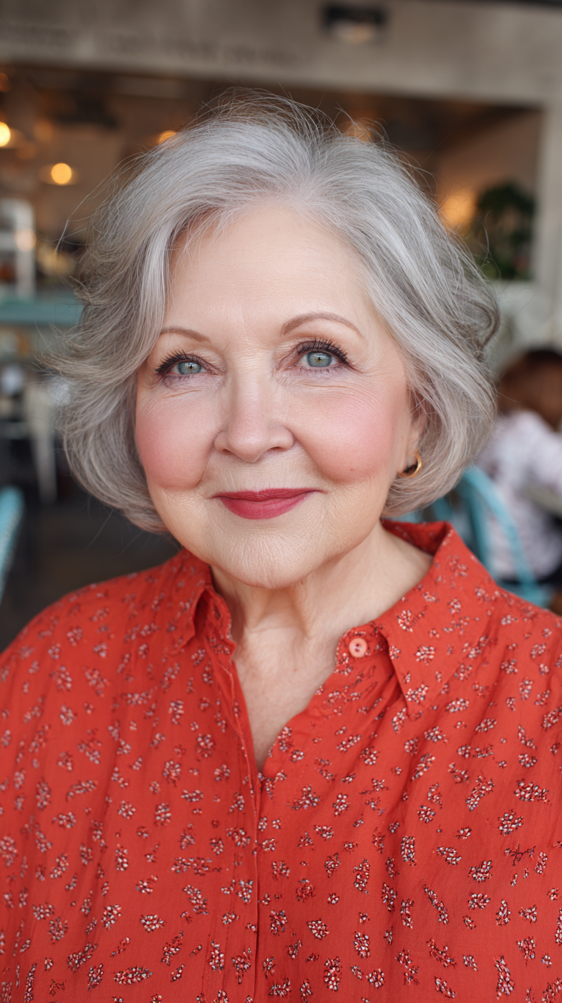 Elegant Softly Curled Gray Lob with Side-Swept Bangs