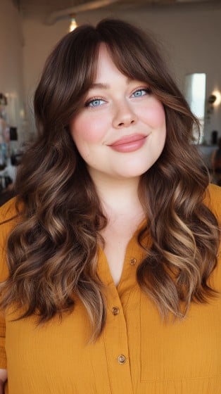 Soft Brown Layers with Face-Framing Bangs