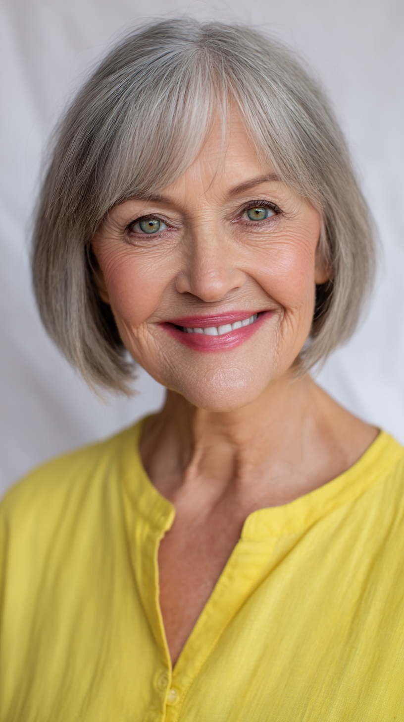 Softly Fringed Shoulder-Length Cut with Natural Gray Highlights