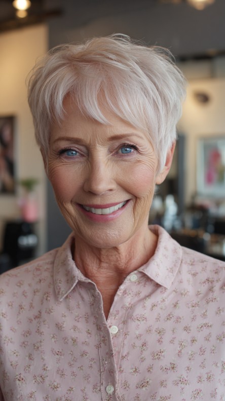 Softly Textured Blonde Pixie Cut with Feathered Bangs