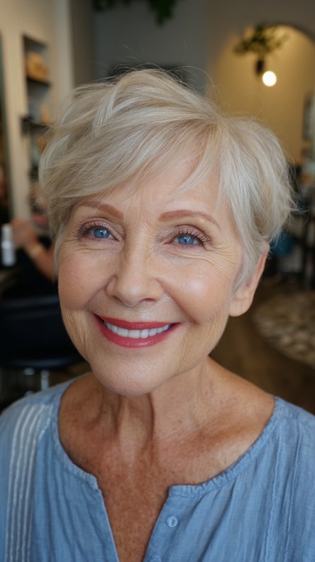 Softly Textured Blonde Pixie Cut with Feathered Layers