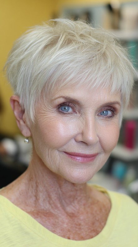 Softly Textured Platinum Pixie Cut with Feathered Edges