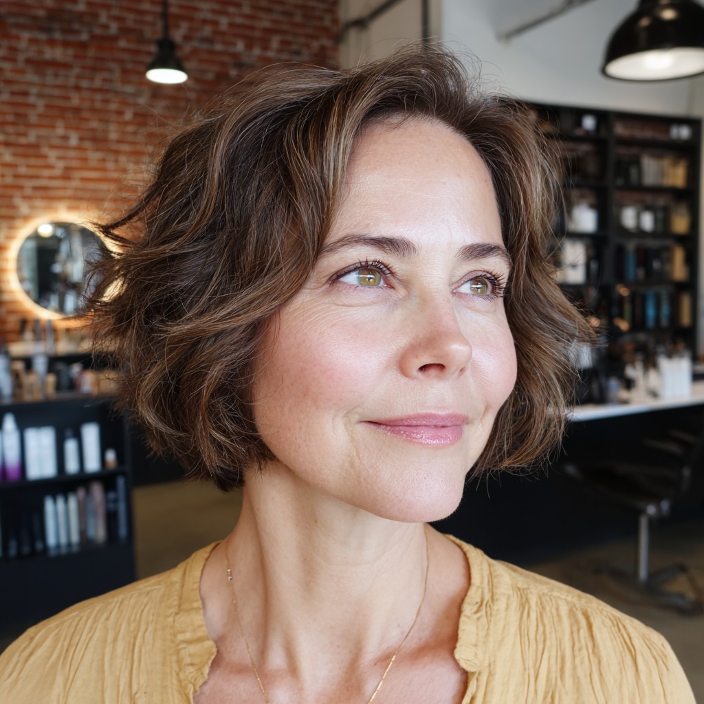 Stylish Shoulder-Length Soft Waves with Warm Highlights