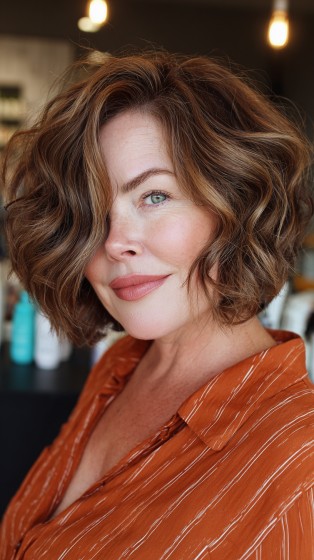 Textured Brown Bob with Lively Curls