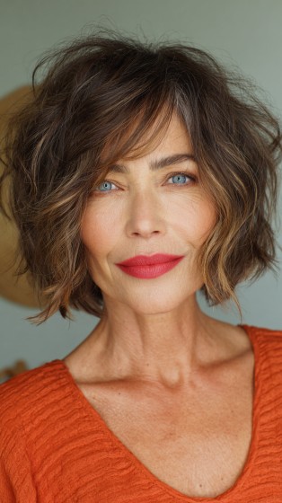 Textured Brunette Shaggy Bob with Subtle Highlights