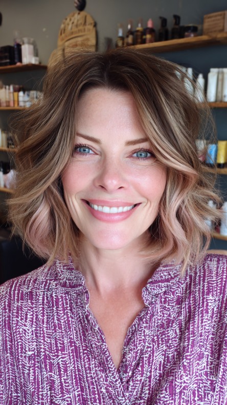 Textured Mid-Length Cut with Subtle Rose Gold Highlights