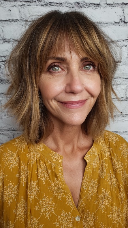 Textured Shoulder-Length Bob with Soft Bangs