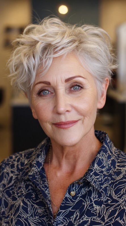 Textured Silver Mini Pixie Cut with Soft Waves