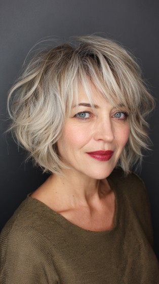 Textured Silver Shaggy Bob with Playful Layers