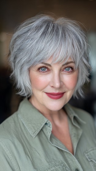Textured Silver Shaggy Bob with Soft Bangs