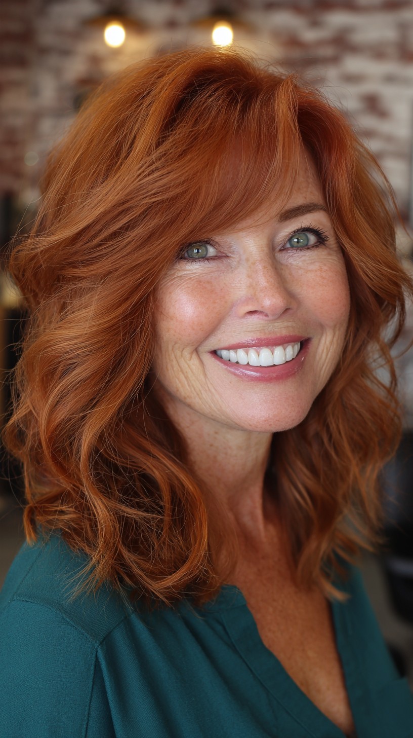 Vibrant Layered Copper Waves with Soft Bangs