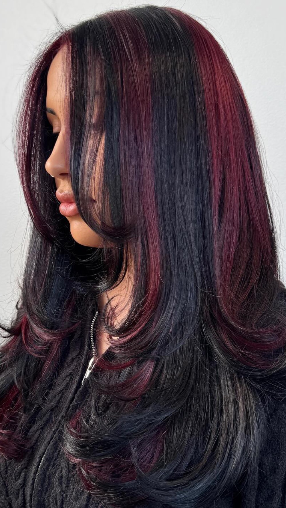 Bold Black and Burgundy Layered Hair with Chunky Highlights