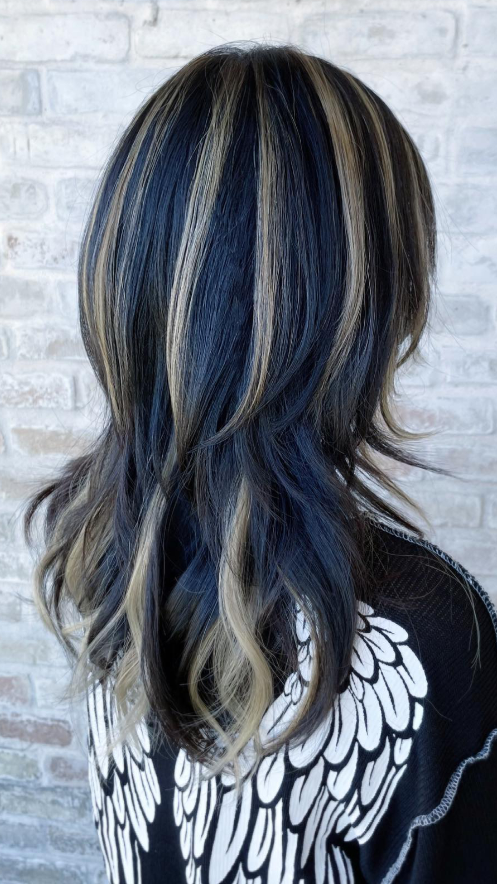 Bold Blue and Cream Chunky Highlights with Soft Waves
