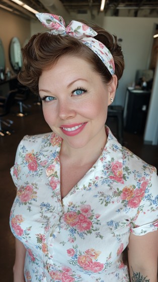 Charming Vintage-Inspired Short Curly Bob with Headband