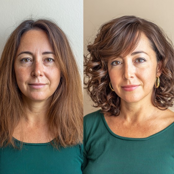 chic layered curly bob with side bangs