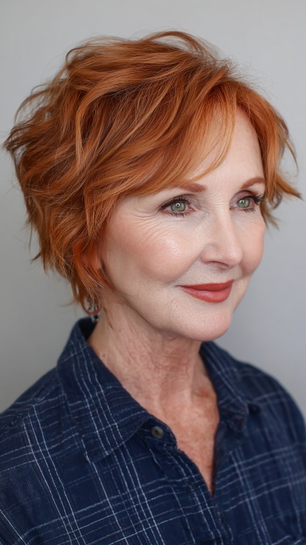 chic layered pixie cut with warm red undertones