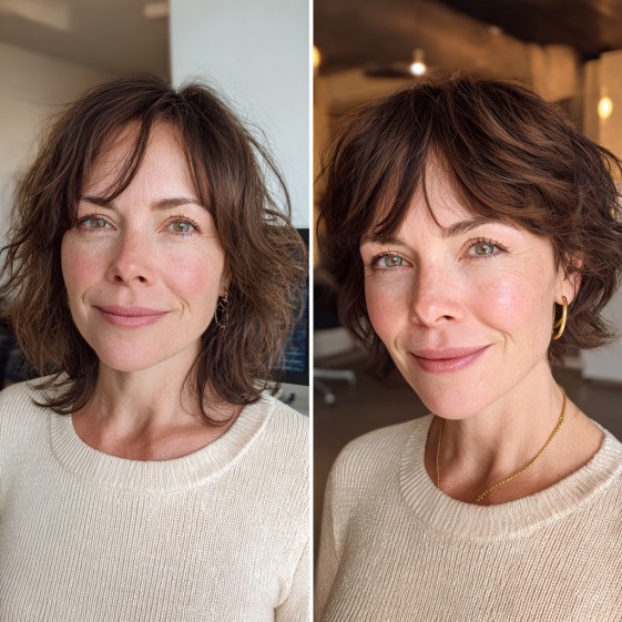 chic shaggy bob with soft bangs