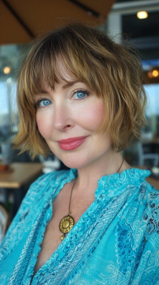 Chic Textured Bob with Soft Waves and Bangs